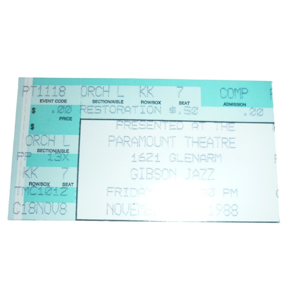 Vintage 1988 Gibson Jazz Paramount Theatre Denver Ticket Stub Nov 18 1988